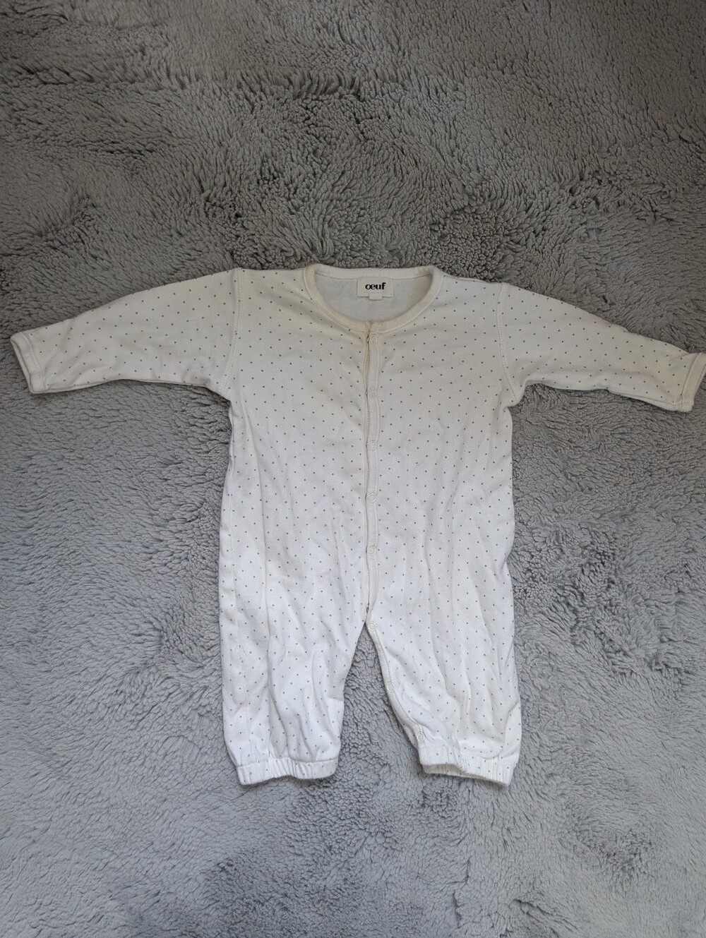Oeuf Organic Cotton White & Green Polka Dot Snap Jumpsuit Romper | 6M